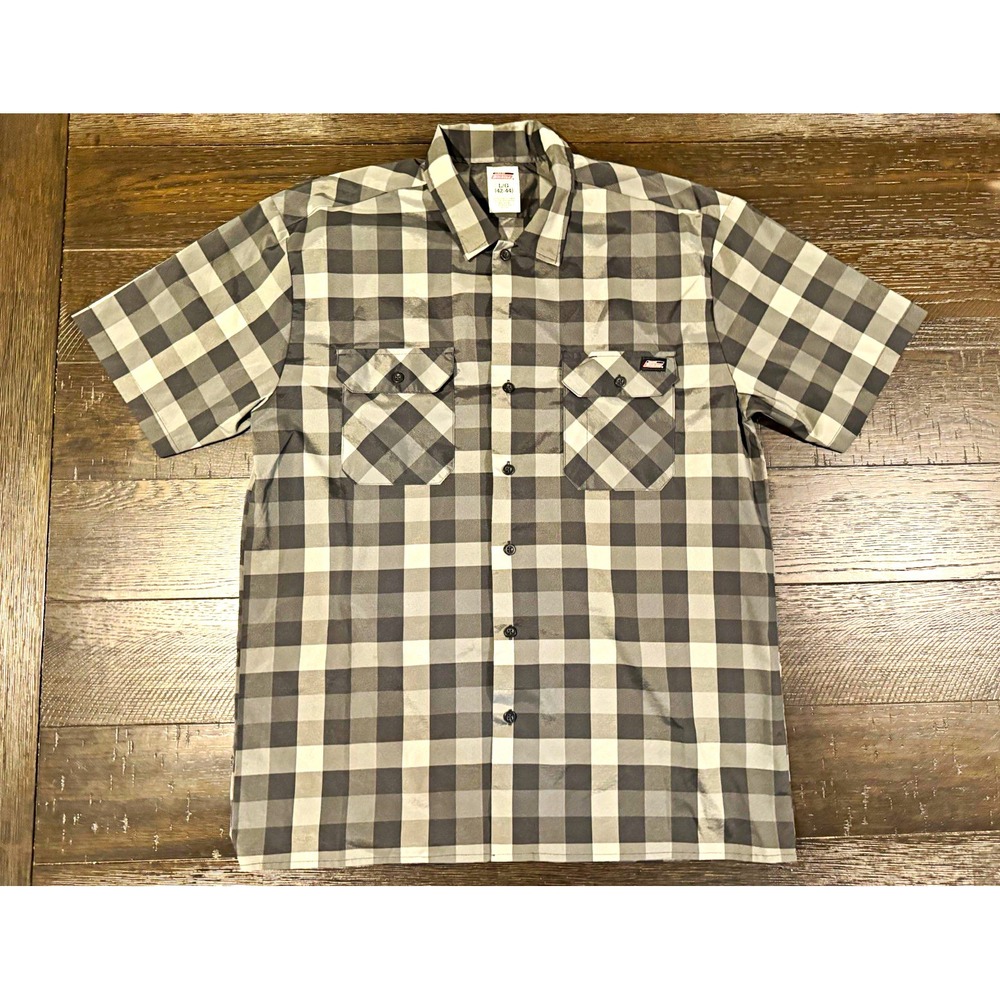 Dickies Mens L Gray Black Plaid Short Sleeve Button-Up Shirt Pockets 42-44